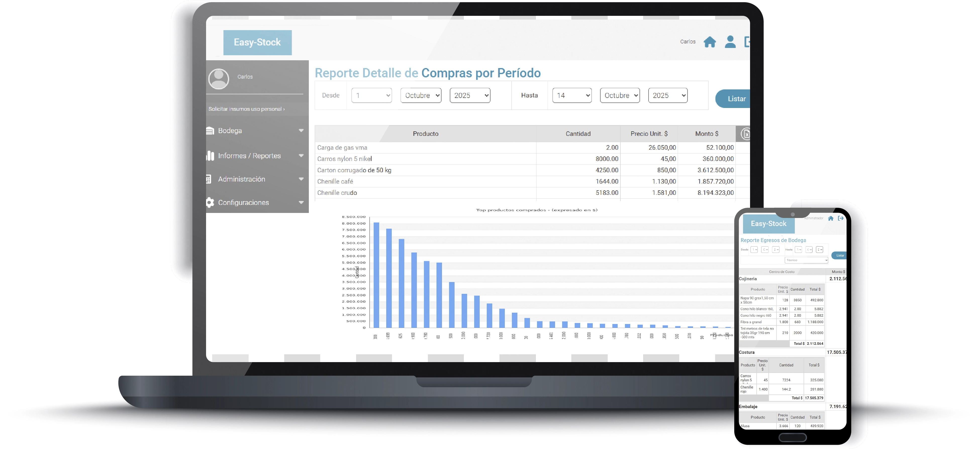 Reporte de compras y productos de Easy-Stock