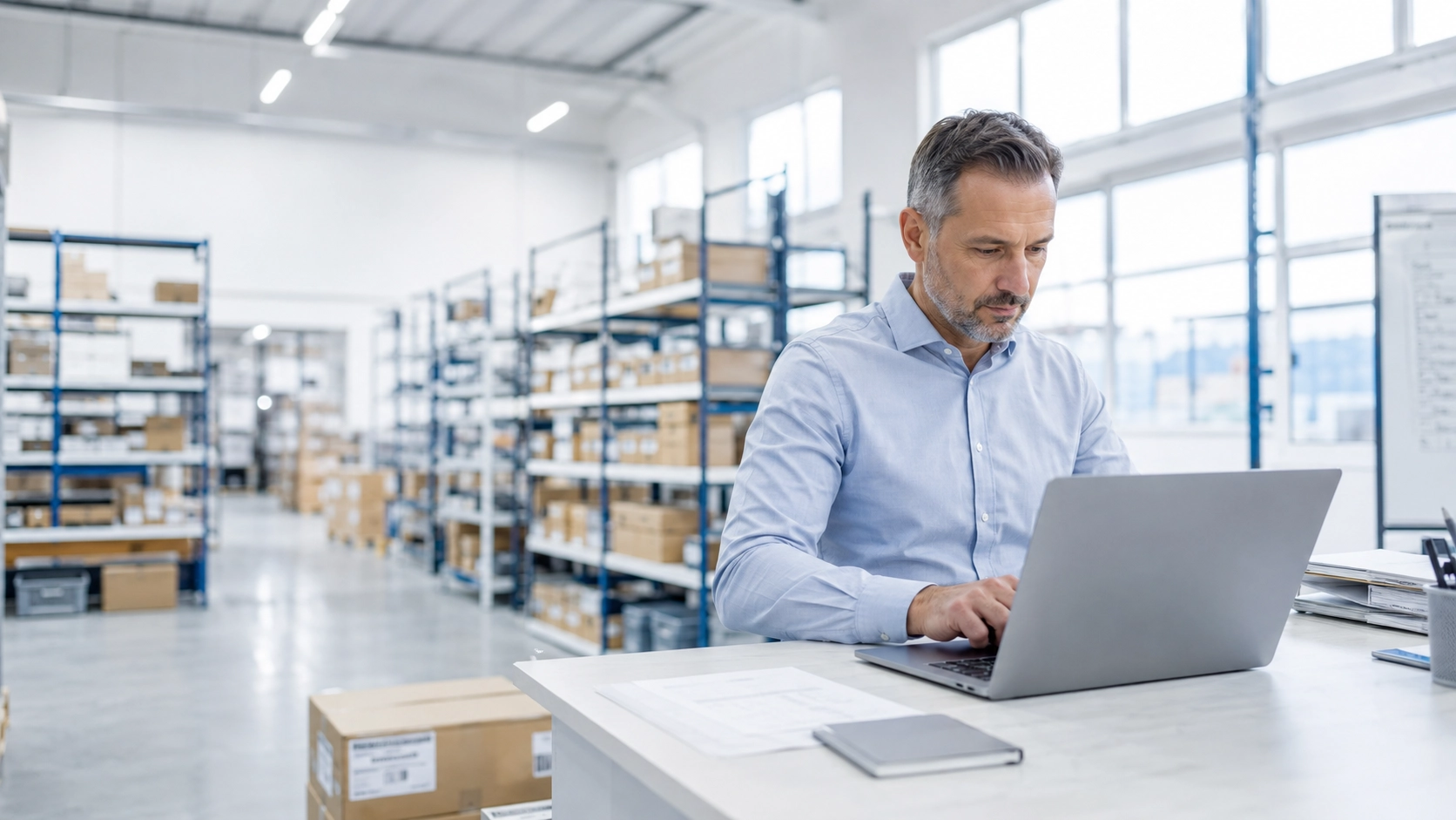 Encargado de bodega revisando stock e inventario en un computador dentro de una bodega ordenada